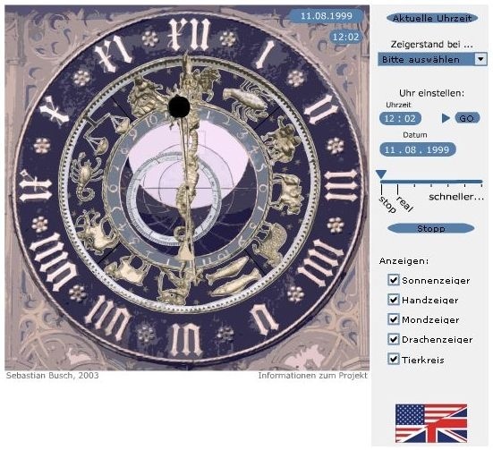 Screenshot der virtuellen Astro-Uhr. Es ist der Zeitpunkt der totalen Sonnenfinsternis am