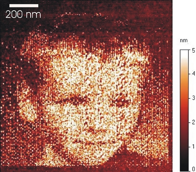 Die Kantenlänge dieses Portraits in diamantähnlichem Kohlenstoff beträgt nur etwas mehr als einen Mikrometer. Seine erhabenen Pixel ragen bis zu fünf Nanometer aus der Schicht heraus. © Arc Precision