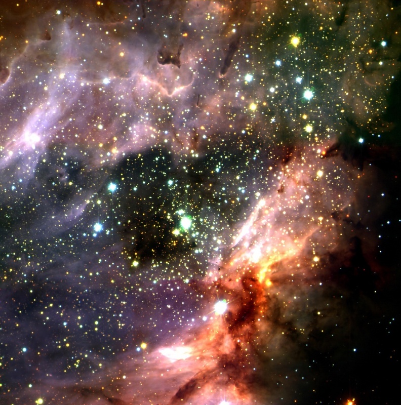 Im Omeganebel (M17), in dem sich viele neue Sterne bilden, gelang die Beobachtung. Der Sterngigant entsteht in der dunklen Wolke rechts unten im Bild, rechts des hellen Sterns.