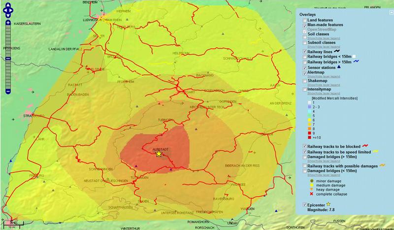 Diese Karte zeigt in farblicher Abstufung die Gefährdung der Region um Albstadt (gelber Stern) bei einem fiktiven Erdbeben der Stärke 7.8. Die roten Linien sind Bahnstrecken, bei denen die Entgleisungsgefahr während des Erdbebens zu groß ist und die für den Personen- und Güterverkehr gesperrt werden sollten.