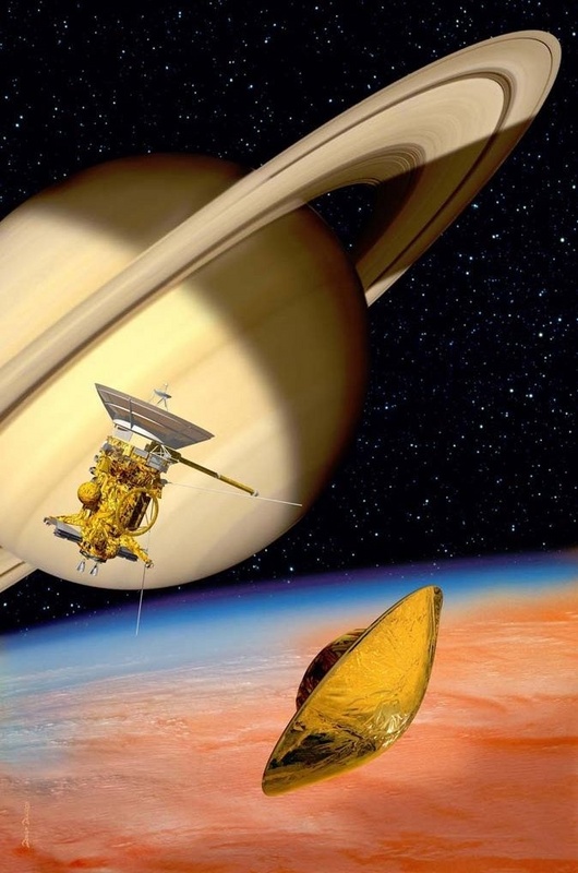 Die Huygens-Sonde nach der Abtrennung von Cassini auf dem Weg zum Saturnmond Titan.