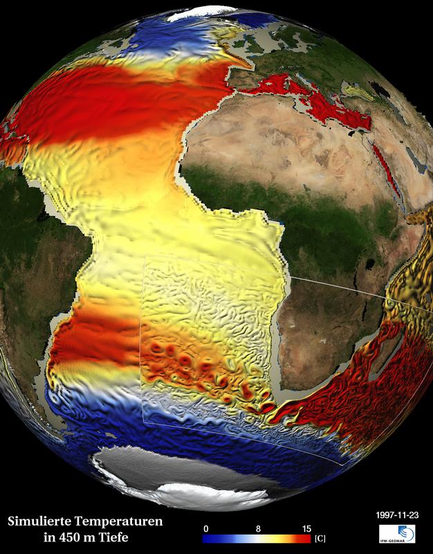Temperaturen und Strömungen in 450 m Tiefe des hochauflösenden Kieler Computermodells (Momentanaufnahme). Der Agulhasstrom fließt entlang der südafrikanischen Küste. Südwestlich von Kapstadt vollzieht er eine abrupte Kehrtwende zurück in den Indischen Ozean. Dabei schnürt er Wirbel ("Agulhasringe") ab, die warmes und salzreiches Wasser in den Atlantik transportieren. 