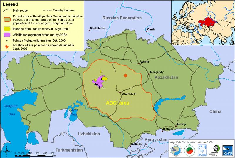 Karte der Altyn Dala Region in Kasachstan, in der die Besenderung stattfand.