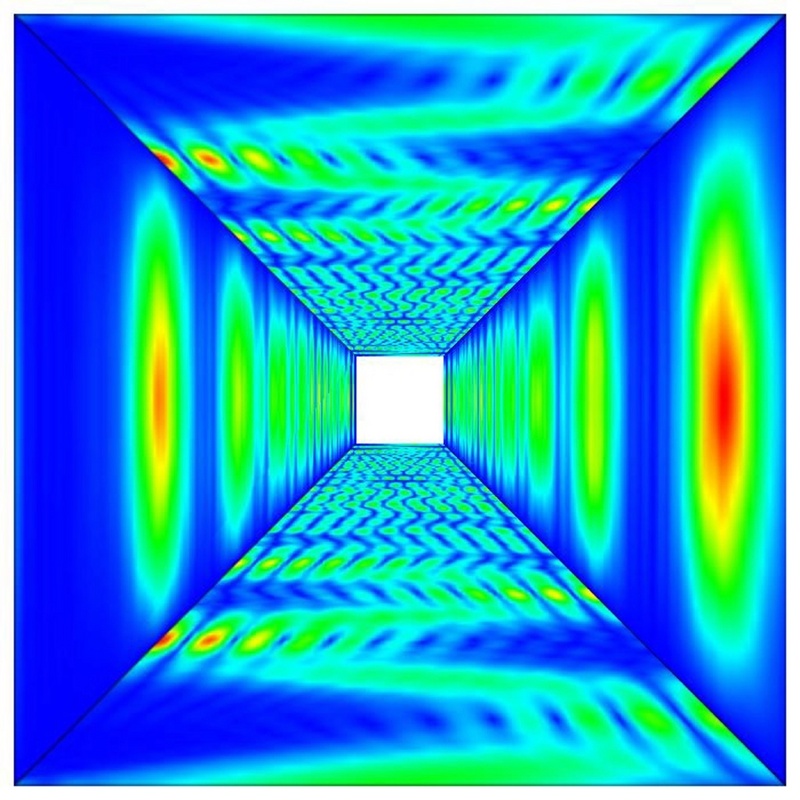 Blick in den Wellenleiter: Die Computersimulation macht den Zick-Zack-ähnlichen Durchgang der Mikrowelle durch den Hohlleiter sichtbar. (Bild: B. Plaum, IPF Stuttgart)