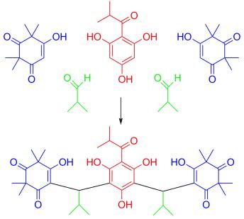 Vereinfachte Darstellung der Myrtucommulon-A-Synthese