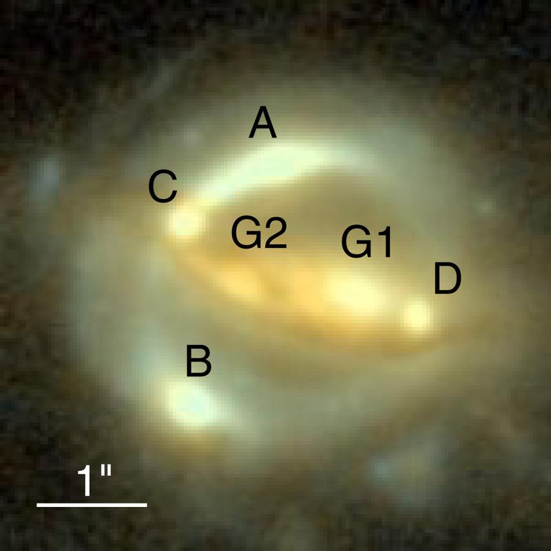 Das Gravitationslinsensystem  B1608+656, aufgenommen mit der "Advanced Camera for Surveys" an Bord des Hubble Space Teleskops. Die Bilder der Quellgalaxie sind hier mit A-D bezeichnet, die beiden Linsengalaxien mit G1 und G2. 