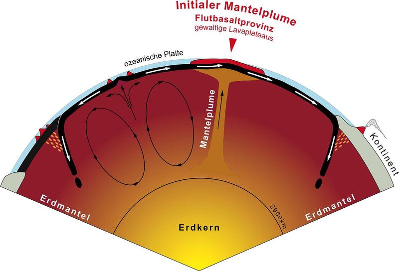 Klassisches Modell zur Entstehung von Flutbasaltprovinzen: An einem sogenannten Mantelplume steigt heißes Material aus dem Grenzbereich zwischen Erdkern und Erdmantel bis an die Unterseite der Erdkruste. An einigen Stellen tritt es aus und bildet gigantische Lavaplateaus (Flutbasaltprovinzen). Mit der Bewegung der tektonischen Platten entfernen sie sich in Millionen von Jahren von ihren Ursprungsorten. Die karibische Flutbasaltprovinz könnte beim Galapagos-Plume oder zwischen den Amerikas entstanden sein. 