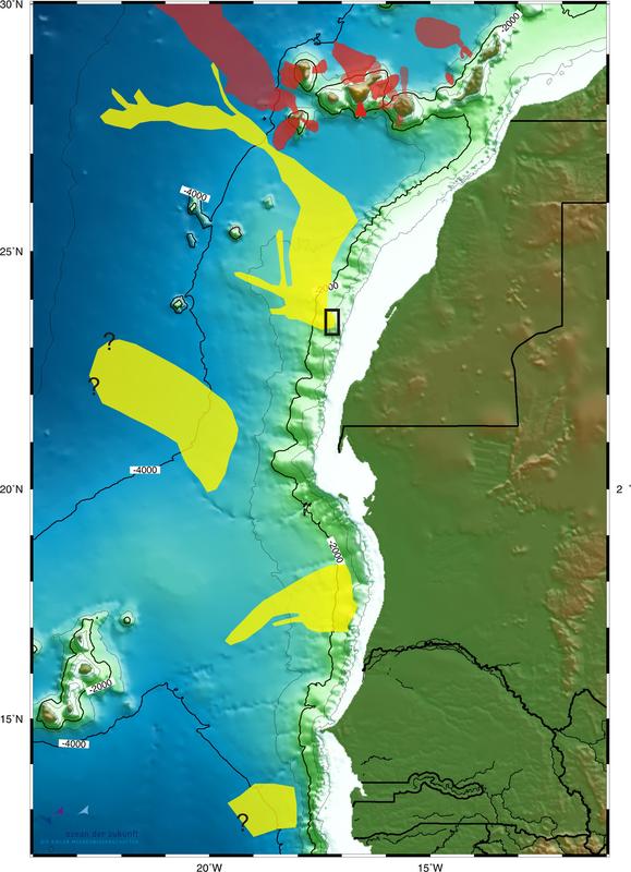 Verteilung großer Hangrutschungen am NW-Afrikanischen Kontinentalhang (gelb) und auf den Flanken der Kanarischen Inseln (rot). In dem als Kasten markierten Gebieten entdeckten die Geowissenschaftler Spuren einer bisher unbekannten Hangrutschung mit gewaltigen Ausmaßen.