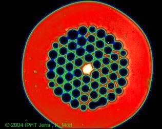 Nahfeld in Falschfarben einer photonischen Kristall-Laser-Faser mit aktivem Kern und strukturiertem Pumpmantel. Quelle: IPHT Jena, Klaus Mörl