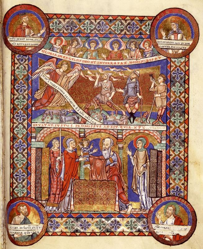 Evangeliar Heinrichs des Löwen (um 1188): Zur Ausstellung wird die Seite mit der Darstellung der Verkündigung an die Hirten und Präsentation im Tempel aufgeschlagen. 