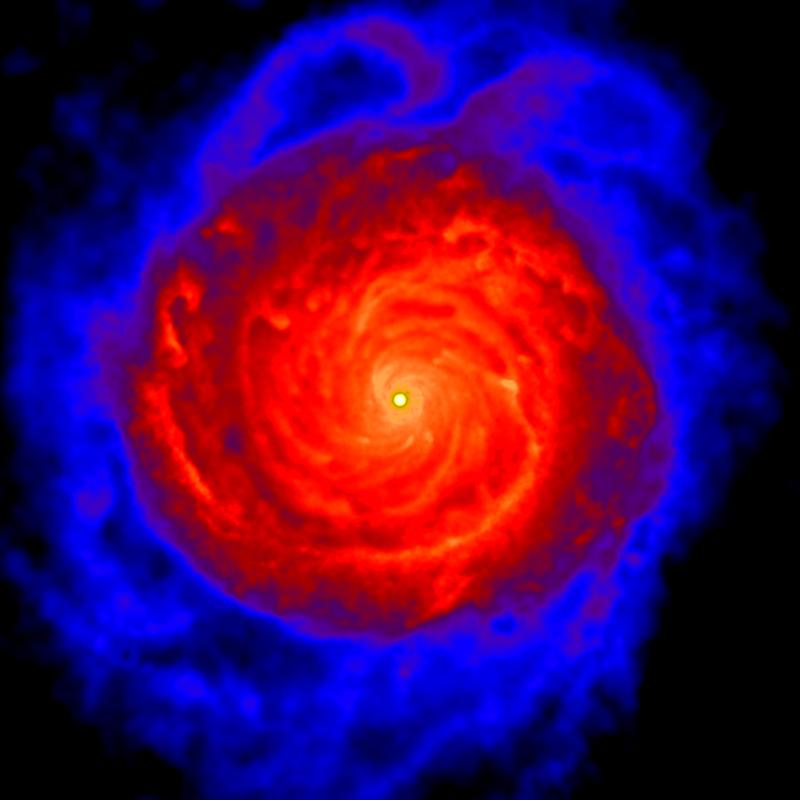 100'000 Lichtjahre später ist eine dichte Scheibe entstanden mit einer supermassiven Wolke im Zentrum. 