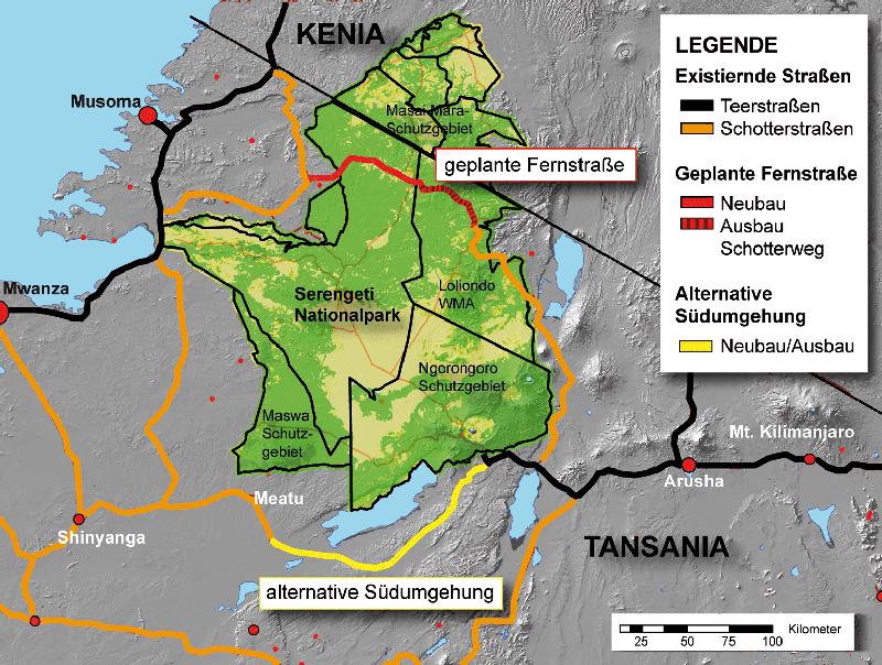 Geplante Straße durch den Serengeti Nationalpark und alternative Südumfahrung