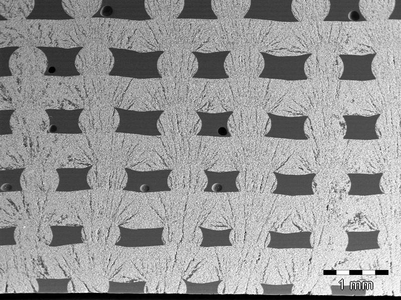 Schliff durch ein Gitter, erkennbar sind die gute Anbindung zwischen den einzelnen Lagen sowie die durch Variation des Herstellverfahrens erzeugten Poren in den Stegen (REM-Aufnahme)