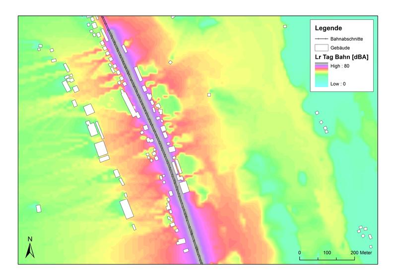 Die durch den Bahnverkehr entstehende Lärmbelastung entlang der Schienentrasse lässt sich mit Computerberechnungen genau vorhersagen. 
