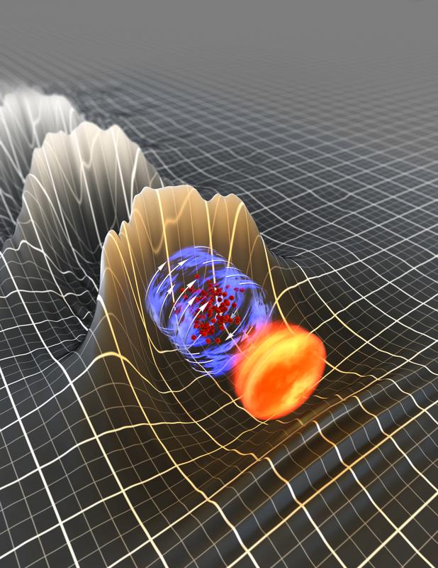 Künstlerische Darstellung der lasergetriebenen Elektronenbeschleunigung. Ein intensiver Lichtpuls (gelb-orange) erzeugt eine Plasmawelle (weiße modulierte Oberfläche) aus schwingenden Elektronen und stationären Heliumionen. Einige Elektronen lösen sich daraus und fliegen als Schwarm mit nahezu Lichtgeschwindigkeit (rote Kügelchen) hinter dem Laserpuls her. 