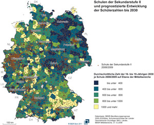 Schulen der Sekundarstufe II und prognostizierte Entwicklung / Schülerzahlen bis 2030 