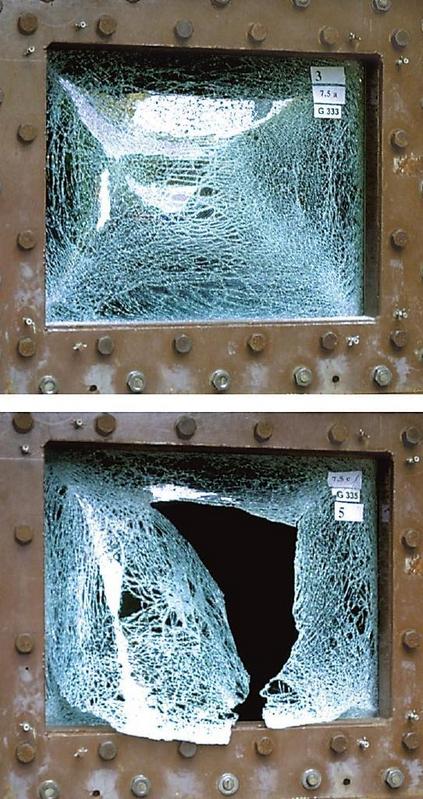 Sicherheits-Verbundglasscheibe nach einer Äquvivalent-belastung von 100 kg TNT in 25 Meter (oben) und 20 Meter (unten) Entfernung. © Fraunhofer EMI