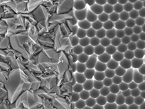 Layers of zinc oxide seen through an electron microscope. On the left: natural pyramid structure; on the right: structure when grown on a mould (height of images: 5 microns).