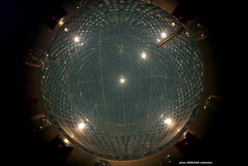 Abb. 2: Blick in den Borexino-Detektor. Im Innern einer Kugel, die 14 Meter durchmisst, treffen solare Neutrinos auf 300 Tonnen einer speziellen Flüssigkeit und erzeugen dort Lichtblitze, die mit Photovervielfachern aufgenommen werden.