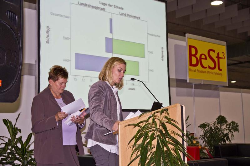 Johanna Klostermann (links) von der TU Graz und Barbara Porotschnig von der FH JOANNEUM bei der Präsentation im Rahmen der BeSt Graz (Foto: FH JOANNEUM, Abdruck honorarfrei).