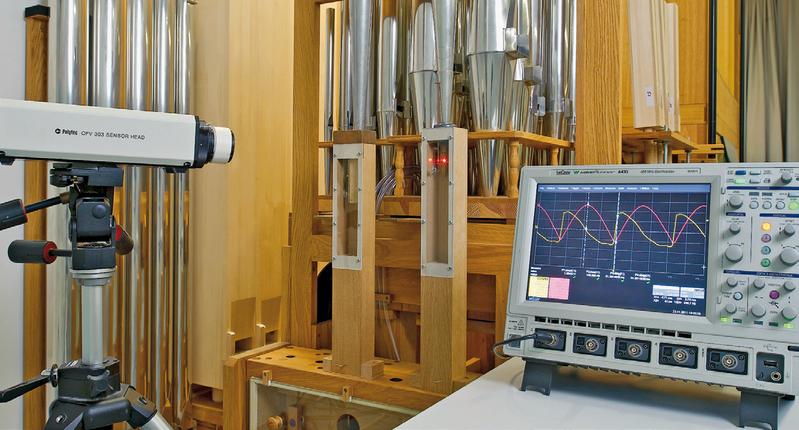 Messung der Zungengeschwindigkeit einer  Zungenpfeife mit Hilfe eines Vibrometers. © Fraunhofer IBP 