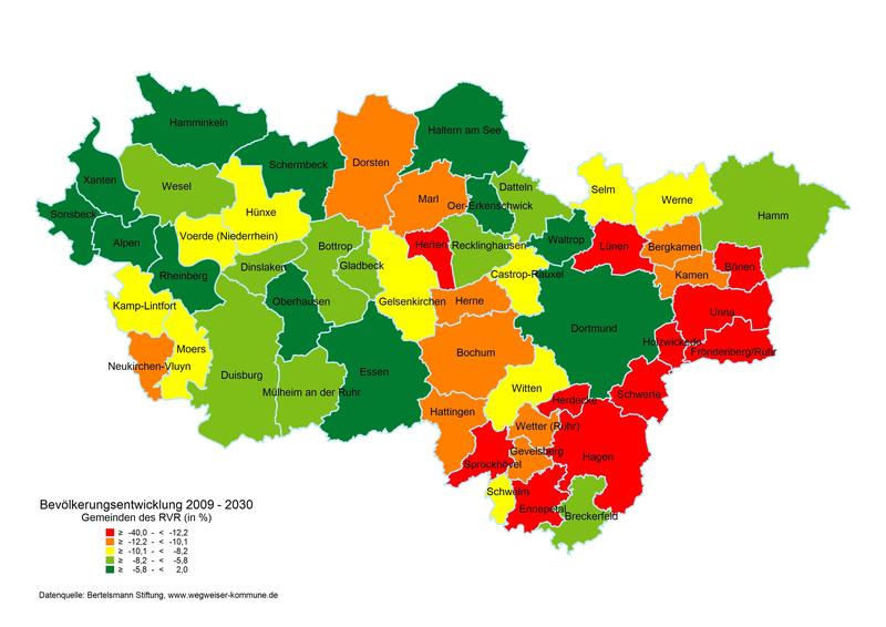 Bevölkerungsentwicklung 2009-2030 in den Kommunen des RVR (Datenquelle: Bertelsmann Stiftung)