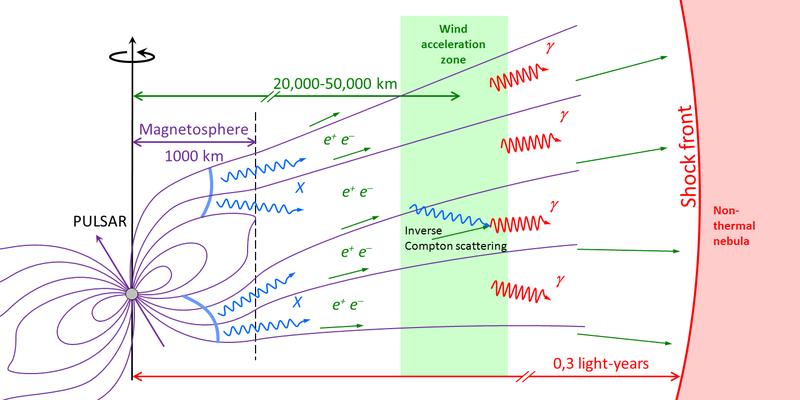 Fig. 2: Schematic evolution of the pulsar wind (electrons and positrons: e–, e+). High-energy gamma quanta (γ) are created in the acceleration zone by inverse Compton scattering of the pulsar wind with X-ray quanta (X) from the magnetosphere as well as at large distance at the shock front to the interstellar medium.
