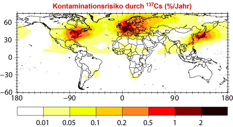 Weltweite Wahrscheinlichkeit einer radioaktiven Kontamination: Die Karte gibt in Prozent an, wie hoch die jährliche Wahrscheinlichkeit einer radioaktiven Verseuchung von über 40 Kilobecquerel pro Quadratmeter ist. In Westeuropa liegt sie bei etwa zwei Prozent in einem Jahr.