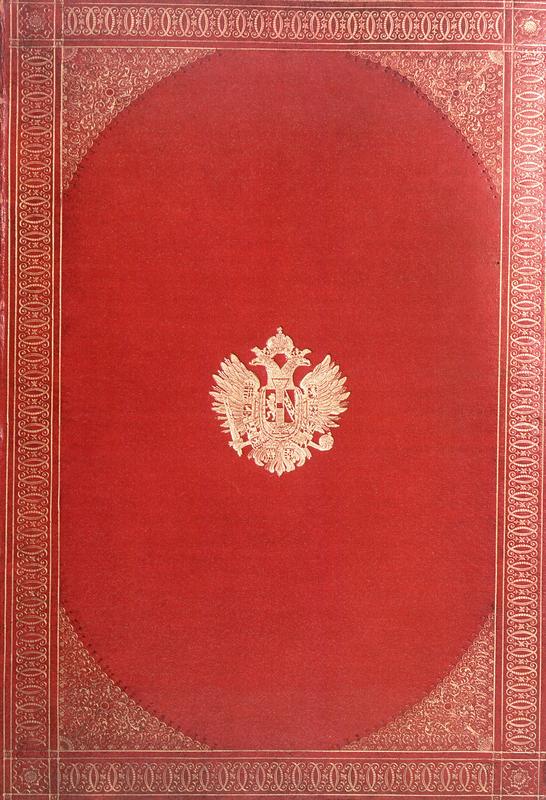 Vorderer Buchdeckel des Werkes "Jardin de la Malmaison". É.-P. Ventenat, Jardin de la Malmaison, Paris 1803-5. Vorderer Buchdeckel, im Zentrum das Wappen von Franz I., Kaiser von Österreich. Buchbindearbeit aus dem Atelier Bozerian Jeune in Paris 