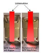 Auswirkung der Meniskenbildung auf die Schichtdicke und Brechung von Lichtstrahlen am Beispiel einer Hämoglobinbestimmung nach Drabkin.