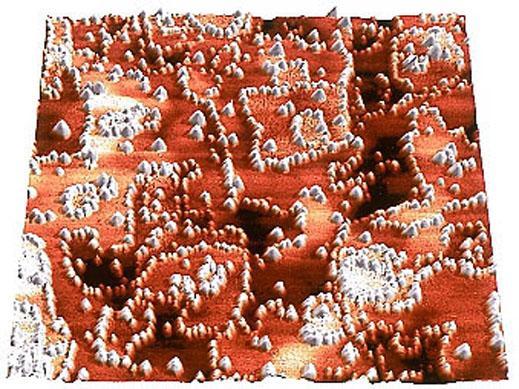 Das Bild zeigt eine Aufnahme einer dünnen roten Kobaltoxid-Schicht mit kleinen metallischen weißgrauen Kobalt-Clustern. Bildgröße: 150 nm x 150 nm, Höhe der Kobalt-Cluster: 0,8 nm. Messung: Ina Sebastian, Bilddarstellung: Alexander Kraus