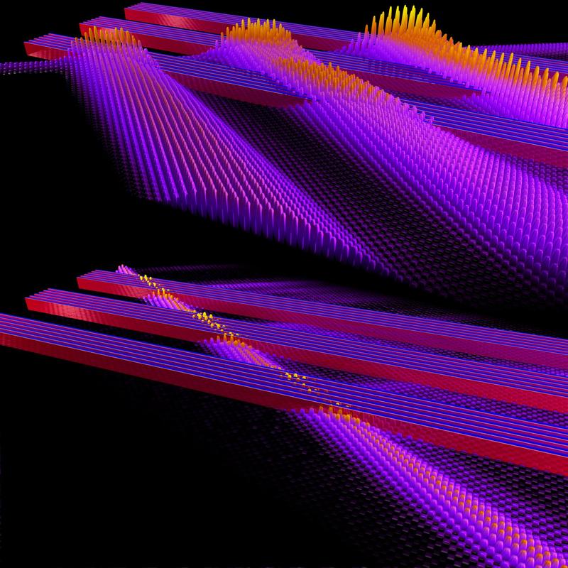 Künstlerische Illustration zur einseitigen Unsichtbarkeit: Kommt ein Lichtstrahl von links, so sind die Reflektionen an den rot-blauen Streukörpern aus PT-symmetrischem Material stärker als der Lichtstrahl selbst. Fällt der gleiche Lichtstrahl jedoch von rechts auf die aktiven Elemente, so ist die Reflektion stark unterdrückt und der Strahl kann die Elemente ungehindert durchdringen – die Streukörper sind von rechts somit unsichtbar.