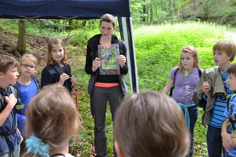 Ein Bild sagt mehr als 1000 Worte: HAWK-Studentin Lara Laubner zeigt der Klasse 4b der Wilhelm Henneberg Schule Göttingen, was im Wald ganz und gar verboten ist.
