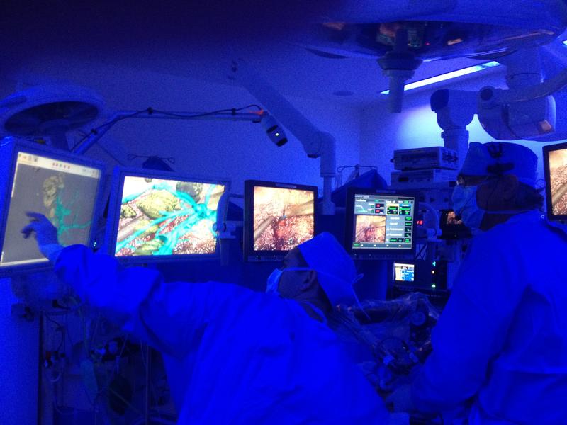 Chirurgen des Institut Mutualiste Montsouris und der Harvard Medical School führen mit Unterstützung von Erweiterter Realität eine Leberoperation durch. Im chirurgischen Cockpit werden 3D-Patientendaten links dargestellt, überlagerte endoskopische Bilder mit Gefässen und Tumoren in der Mitte sowie die in der Schlüsselchirurgie herkömmlichen Bilder (beide Bildschirme rechts). 