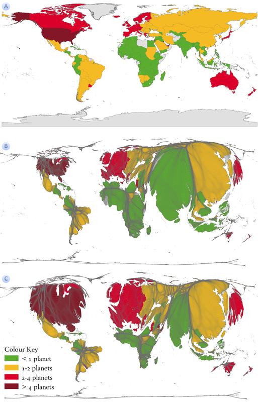 Der ökologische Fußabdruck in einer konventionellen Karte (A), einer Bevölkerungsrastertransformation (B) und einer Rastertransformation des absoluten ökologischen Fußabdrucks (C).