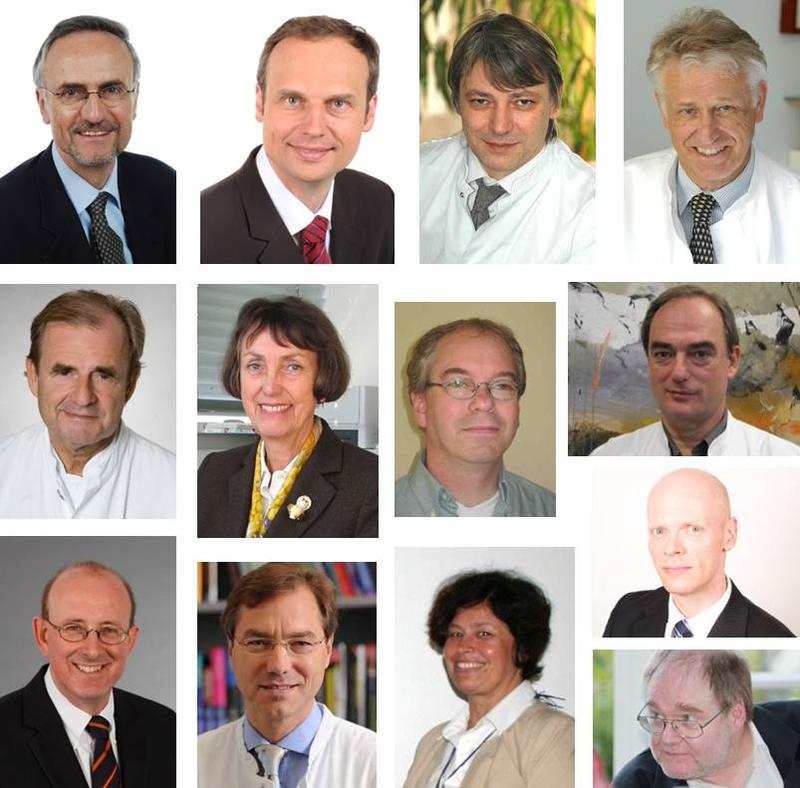 AFNET Lenkungsausschuss: obere Reihe von links nach rechts: G.Breithardt, P. Kirchhof, M. Näbauer, G. Steinbeck; mittlere Reihe von links nach rechts: T. Meinertz, U. Ravens, U. Schotten, M. Oeff;  untere Reihe von links nach rechts: A. Goette, T. Lewalter, G. Benninger, K.G. Häusler, K. Wegscheider (unten rechts)