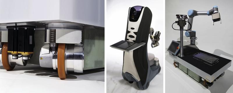 V.l.n.r.: zwei Radmodule in Nahansicht; mobile Serviceroboter Care-O-bot®3 und rob@work, für den Einsatz in öffentlichen und industriellen Umgebungen, nutzen omnidirektionale, nicht-holonome Fahrwerke um sich flexibel den örtlichen Gegebenheiten und ihren menschlichen Kollegen anpassen zu können.