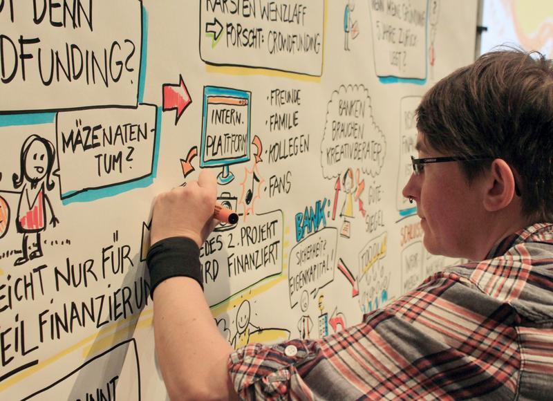 Imke Schmidt, Kulturwissenschaftsabsolventin der Uni Hildesheim und Unternehmernsgründerin, beim live-visualisieren während einer Tagung.
