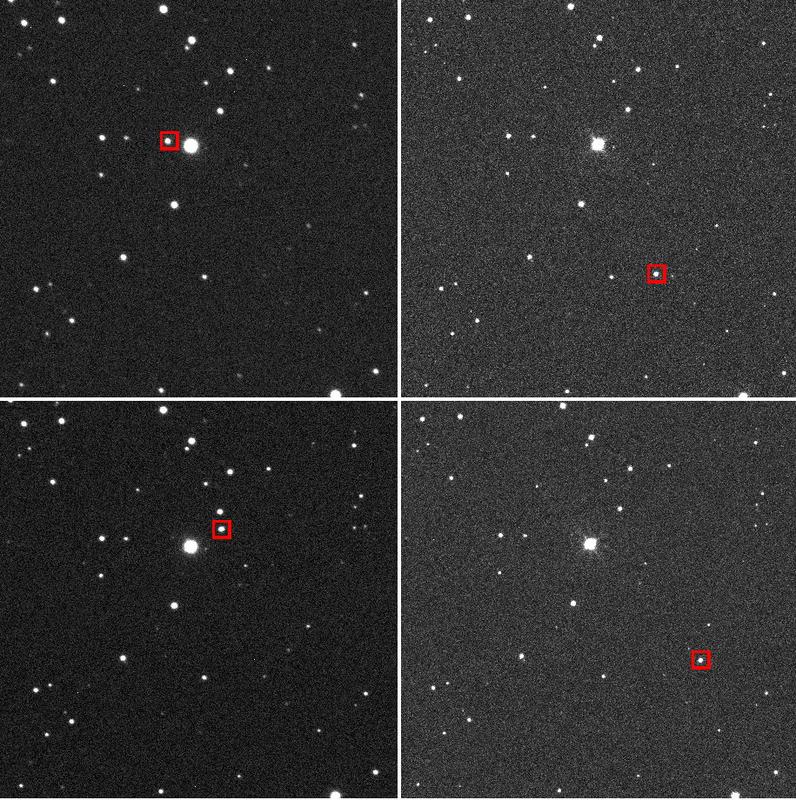 Asteroid Apophis im Abstand von 10 Minuten von zwei verschiedenen Standorten. Die Einzelbilder demonstrieren sowohl die Eigenbewegung des Asteroiden am Himmel als auch seine Parallaxe. Oben: Aufnahmen von 12:46 MEZ, unten: Aufnahmen von 12:56 MEZ. Linke Spalte: Faulkes Telescope South am Siding-Spring-Observatorium (Australien), rechte Spalte: Faulkes Telescope North auf dem Vulkan Haleakala (Hawaii). 