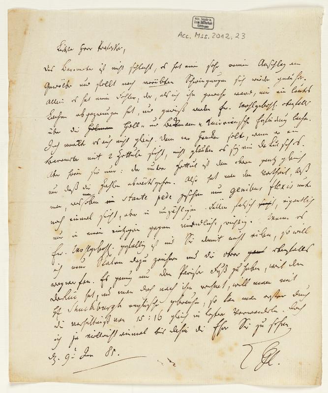 Brief von Georg Christoph Lichtenberg, den er am 9. Januar 1785 an Johann Friedrich Blumenbach gerichtet hat. Darin geht es um ein fehlerhaft beschriftetes Barometer.