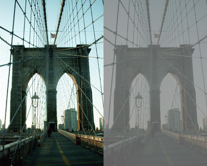 Beispiel für Unterschiede im visuellen Kontrast: Fotografie unter hohem Kontrast (links) und mit künstlich reduziertem Kontrast (rechts). 