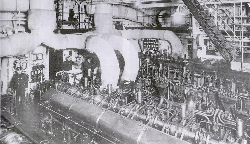 Blick auf die Dieselmotoren im Maschinenraum der "Monte Sarmiento", 1924.