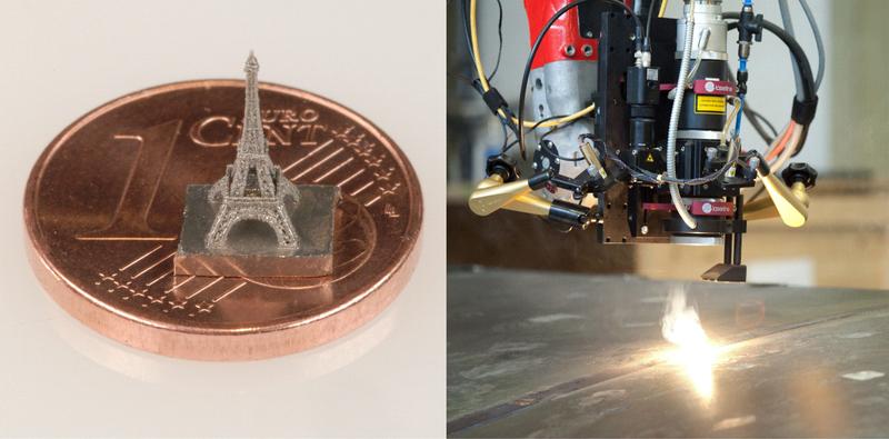 Auf der Hannover Messe 2013 sind sowohl kleinste Bauteile aus Metall, als hier der Mini-Eiffelturm, wie auch lasergeschweißte Sandwich-Bleche (für den Leichtbau von Schiffen) auf dem LZH-Stand zu sehen