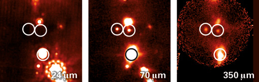 Drei der PACS Bright Red Sources (PBRS), die mit dem Weltraumteleskop Herschel gefunden wurden. Dabei dürfte es sich um einige der jüngsten bekannten Protosterne überhaupt handeln. Das Feld ganz links zeigt ein vom Weltraumteleskop Spitzer (bei 24 µm) aufgenommenes Bild, in welchem die beiden oberen Objekte vollständig unsichtbar sind, während das untere sich nicht eindeutig als Protostern identifizieren lässt. Die beiden rechten Felder zeigen Bilder vom Weltraumteleskop Herschel (bei 70 µm) und vom Submillimeterteleskop APEX (bei 350 µm), mit denen nachgewiesen werden konnte, dass es sich in der Tat um einige der jüngsten bekannten Protosterne handelt.