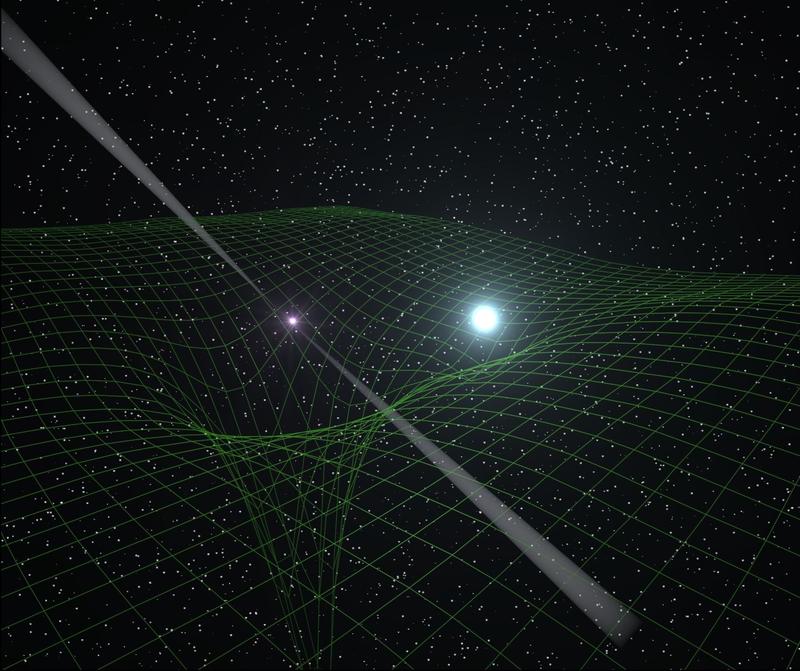 An artist’s impression of the PSR J0348+0432 binary system. The pulsar (with radio beams) is extremely compact, leading to a strong distortion of space-time (illustrated by the green mesh). The white-dwarf companion is shown in light-blue. 