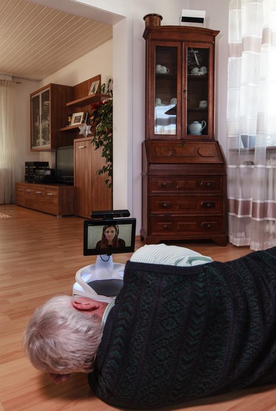 The sensor-system for fall detection can be placed up on high furniture or it will be mounted on the ceiling. The robot serves as a mobile communication system.