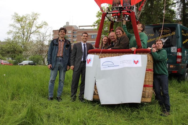 Alexander Berg (Geschäftsführer des DZHI) und Prof. Dr. Stefan Störk (Wissenschaftlicher Geschäftsführer des DZHI) mit den Gewinnern Sonja und Roland Graf, Gudrun Freund und Pilot Jörg Krause mit einem Mitarbeiter unmittelbar vor dem Start des Heißluftballons.