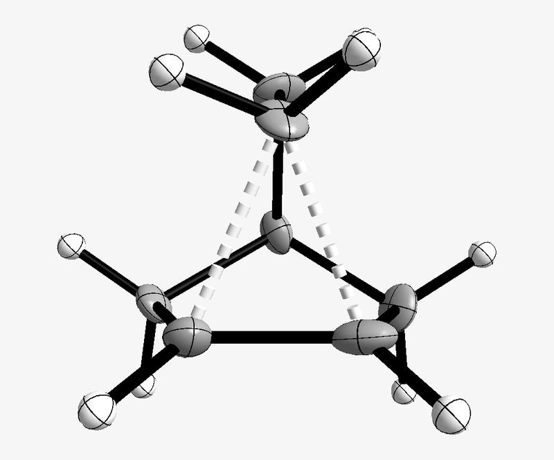 Ein Modell der Kristallstruktur des 2-Norbornylkations: Langsames Abkühlen auf -233 Grad Celsius ermöglichte es, die Struktur des Moleküls zu bestimmen.