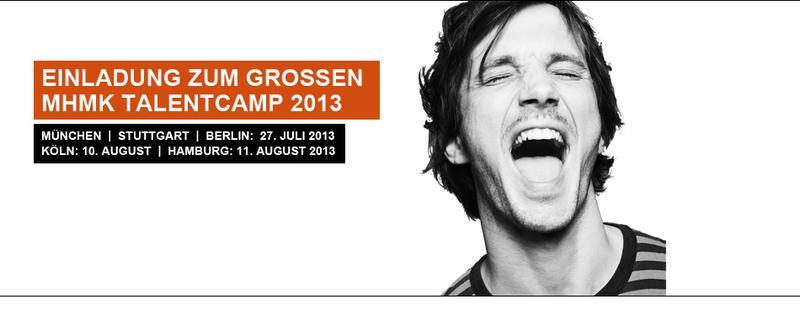 Das MHMK TalentCamp 2013 ist ein kostenloser halbtägiger Kreativworkshop. Er findet an allen fünf Standorten der MHMK statt und richtet sich an Abiturienten und Schüler. Wer Journalist, Designer, Medienmanager oder Filmemacher werden will, kann sein Talent für die Medienbranche dort ausprobieren und eines von zehn Stipendien gewinnen.
