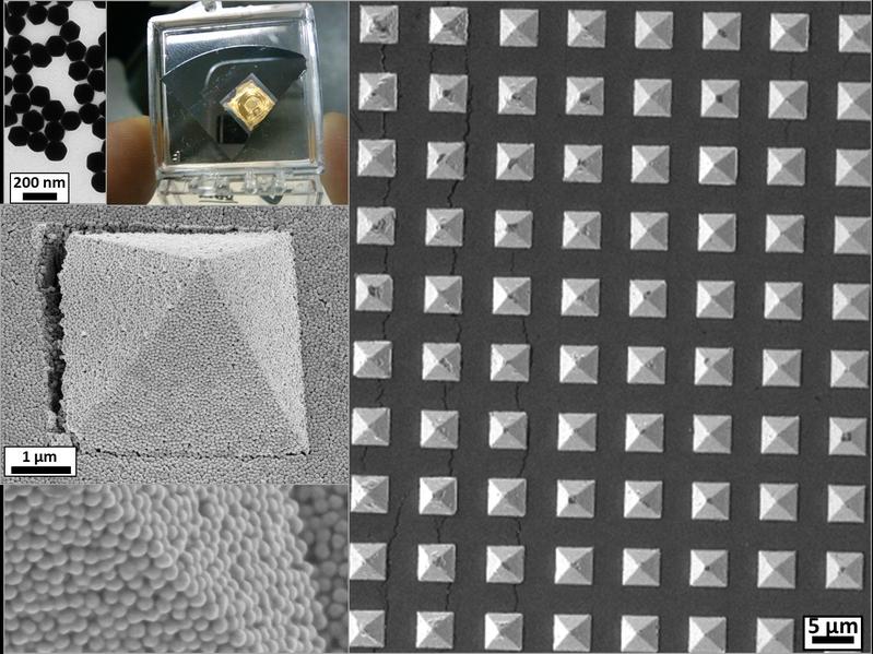Rechts: Rasterelektronenmikroskopische Aufnahme der Gold-Nanopyramiden. // Links: (1) oben links: Einzelne Gold-Nanopartikel in einer transmissionselektronenmikroskopischen Aufnahme; (2) daneben rechts: Foto eines handlichen SERS-Sensors, bestehend aus einer quadratzentimetergroßen Fläche, auf der die beschichteten Gold-Nanopyramiden angeordnet sind; (3) Mitte: Rasterelektronenmikroskopische Aufnahme einer Pyramide; (4) unten: Nahaufnahme der kugelartigen Nanopartikel an einer Kante der Pyramide. // 1 Nanometer entspricht 1 Milliardstel Meter, 1 Mikrometer entspricht 1 Millionstel Meter.